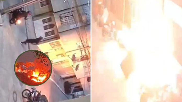 Ataque incendiario en Floridablanca quedó en video: hombres en motocicleta prendieron fuego a una vivienda